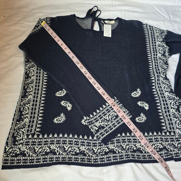NWT Jacqueline B Cotton Sweater L Navy Blue Paisley Printed Tie Neck Long Sleeve - Picture 5 of 7